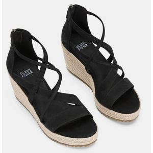 Eileen Fisher Women's Black Wanda Tumbled Nubuck Espadrille Wedge Sandal Size 11